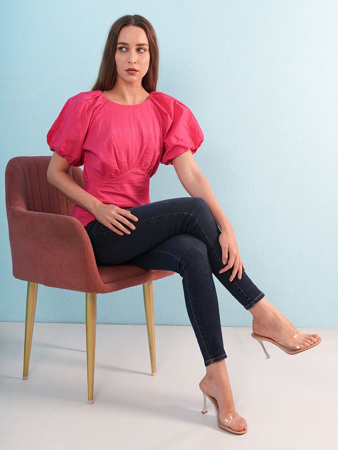 

ONLY Women Self Design Puff Sleeve Corset Top, Pink