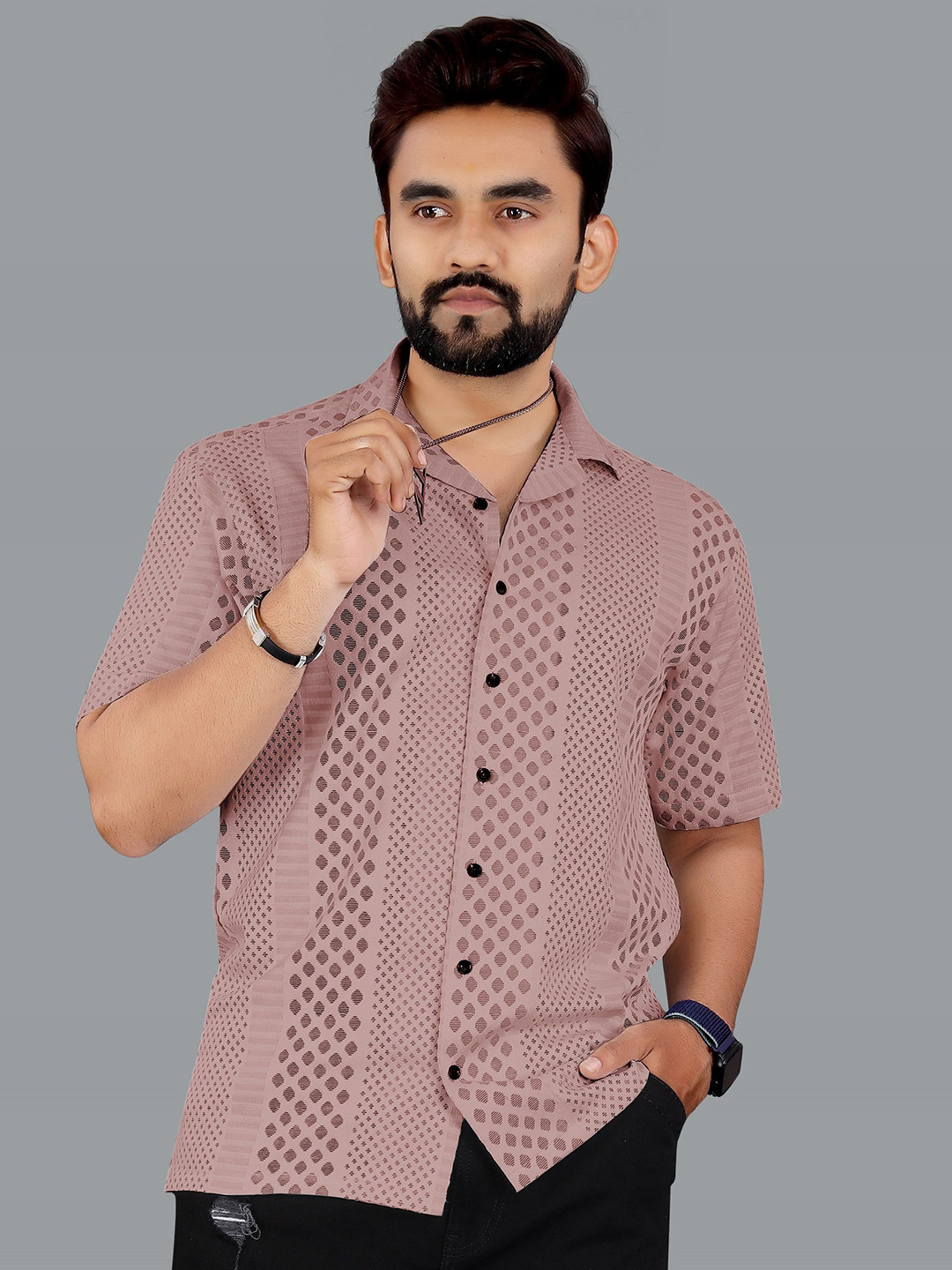 

INDICLUB Men Relaxed Fit Cuban Collar Textured Casual Shirt, Brown