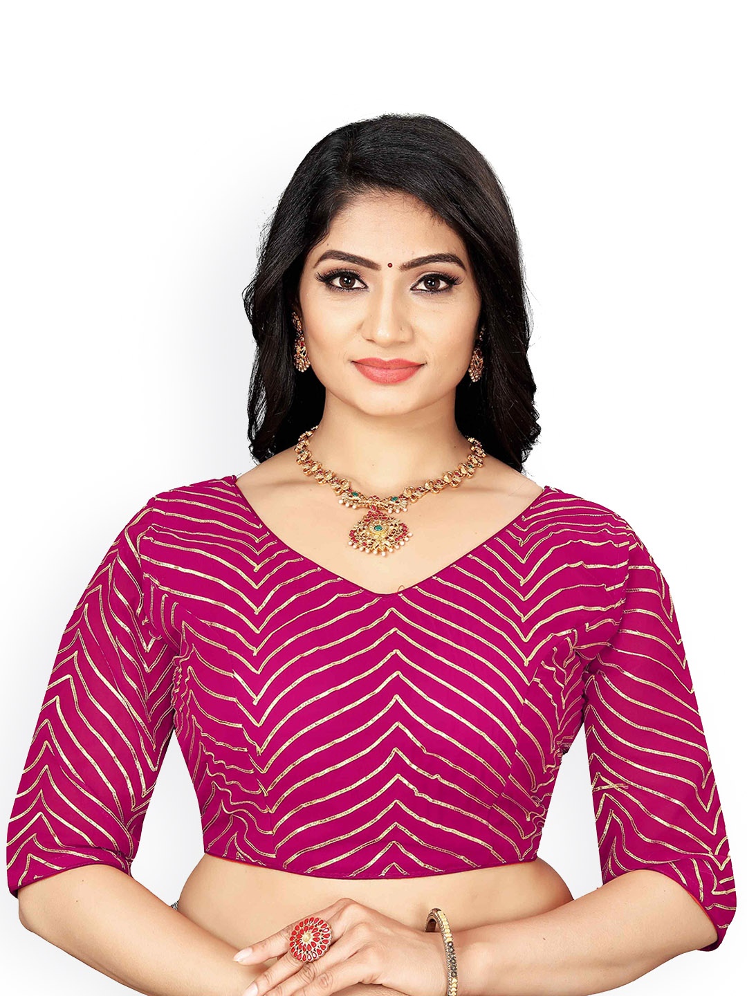 

HERE&NOW Women Embroidered Gotta Patti V-Neck Saree Blouse, Pink