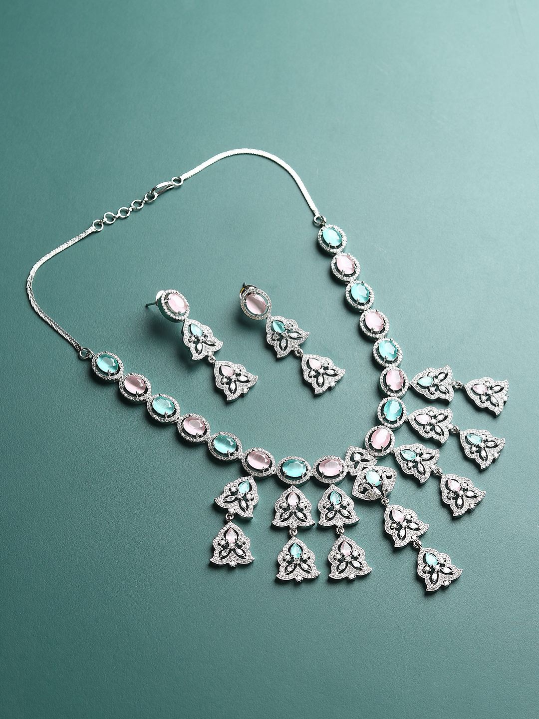 

RHOSYN Rhodium-Plated American Diamond Studded Jewellery Set, Silver