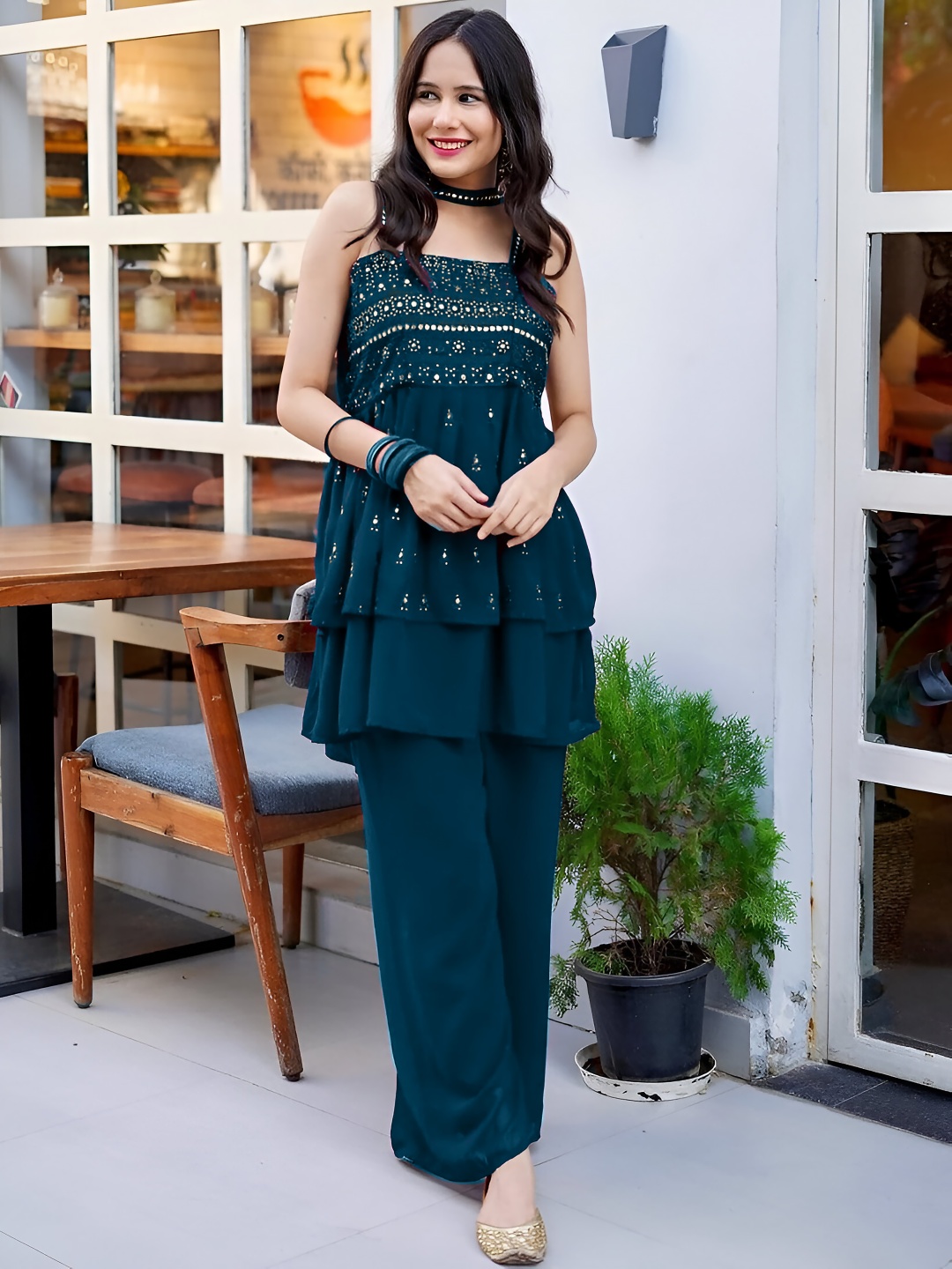 

SANCIA Women Ethnic Motifs Embroidered Layered Sequinned Kurta with Palazzos & With Dupatta, Teal