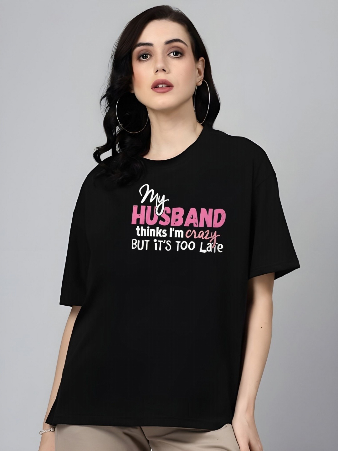 

SZN Women Typography Printed Round Neck Cotton Oversized T-shirt, Black