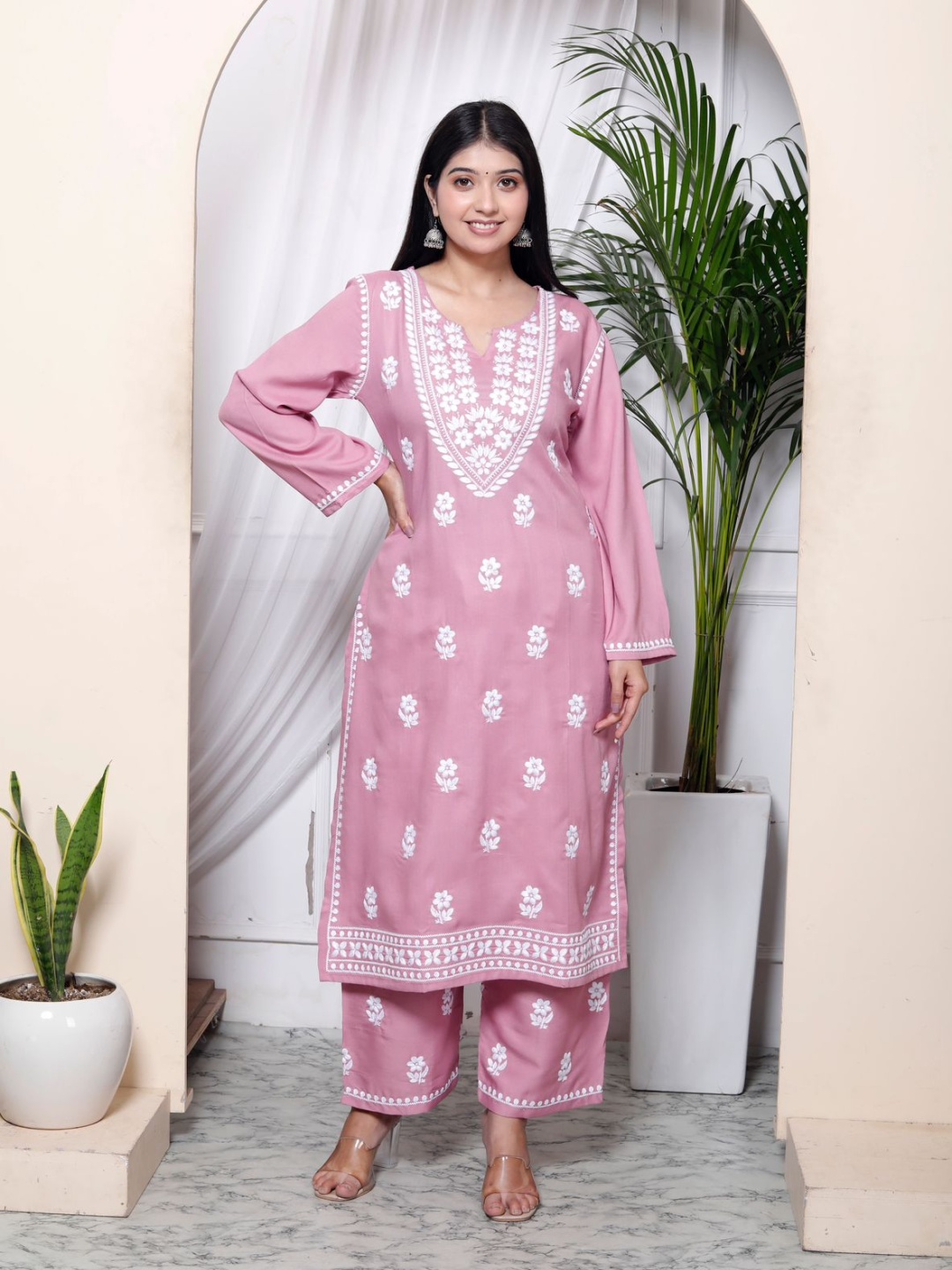 

KALINI Woven Design Notch-Neck Straight Pure Cotton Kurta With Trousers, Pink