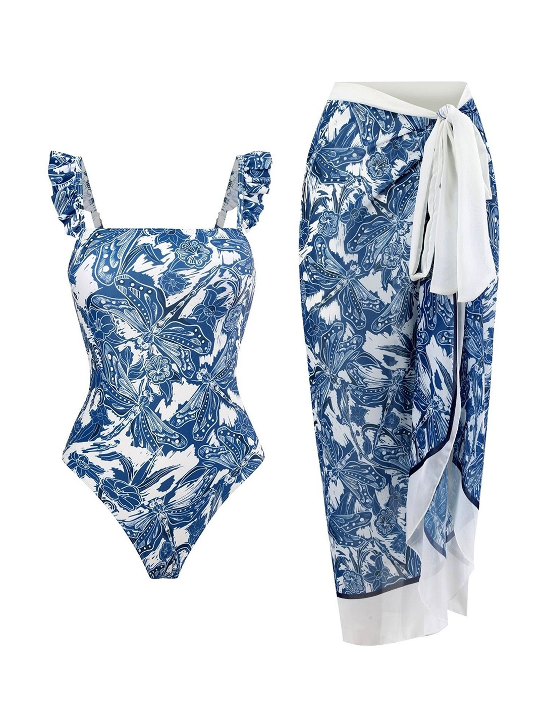 

Alamode By Akanksha Printed Swimsuit With Sarong, Blue