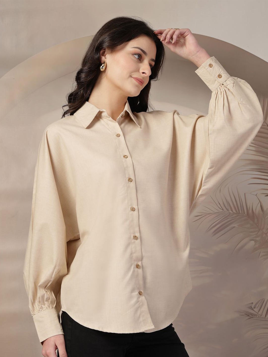 

Style Quotient Oversized Extended Sleeves Casual Shirt, Beige