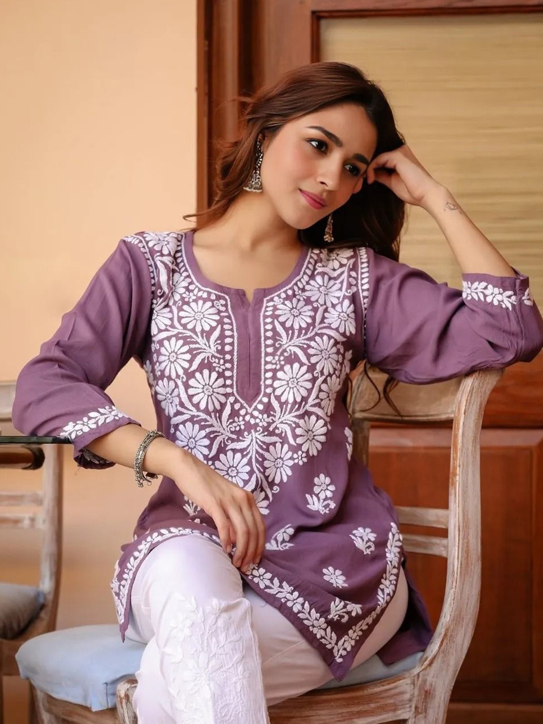 

Sidhidata Women Floral Embroidered Thread Work Thread Work Kurti, Purple