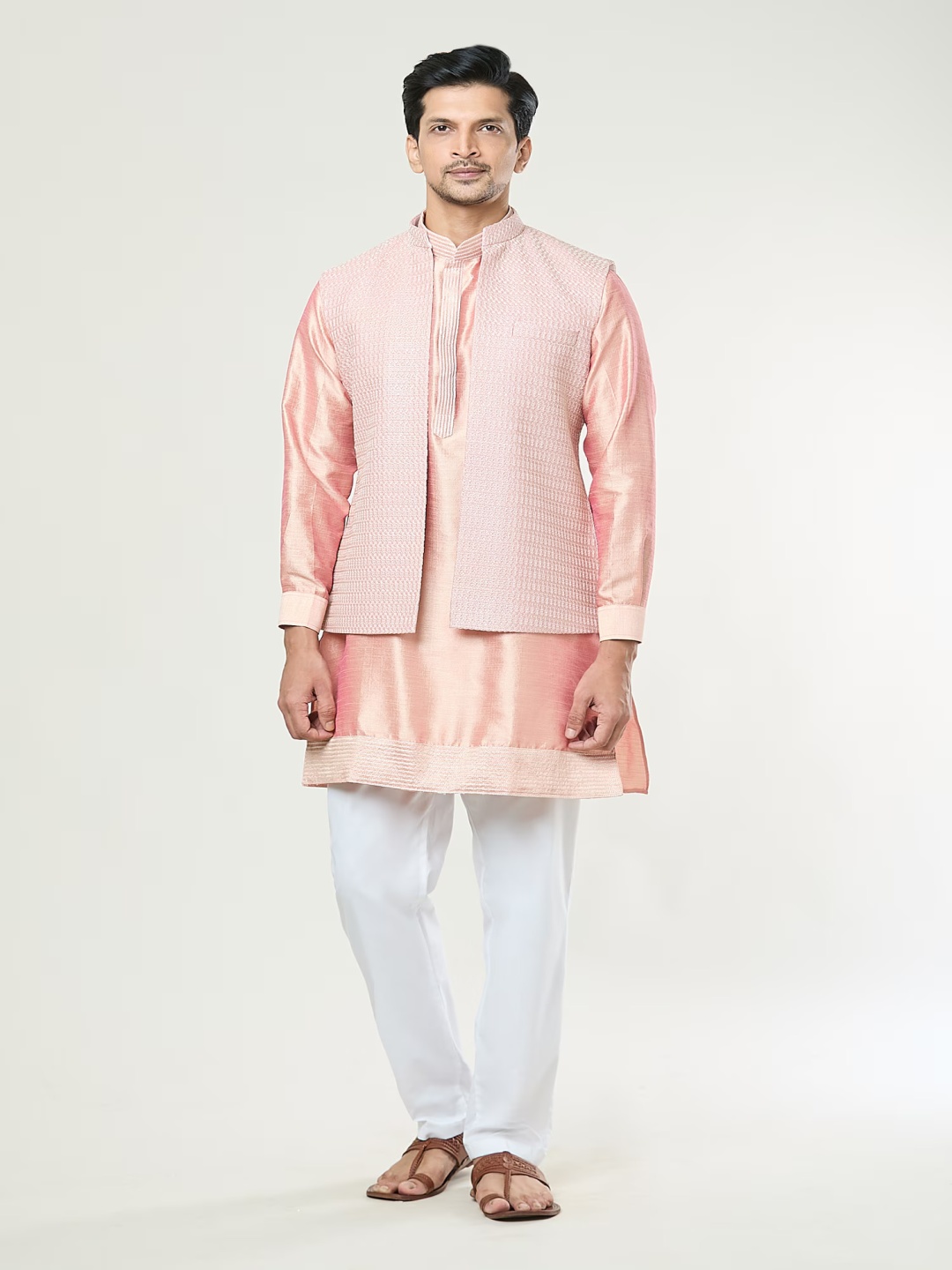 

RNG Safawala Men Mandarin Collar Dupion Silk Straight Kurta With Trousers And Nehru Jacket, Peach