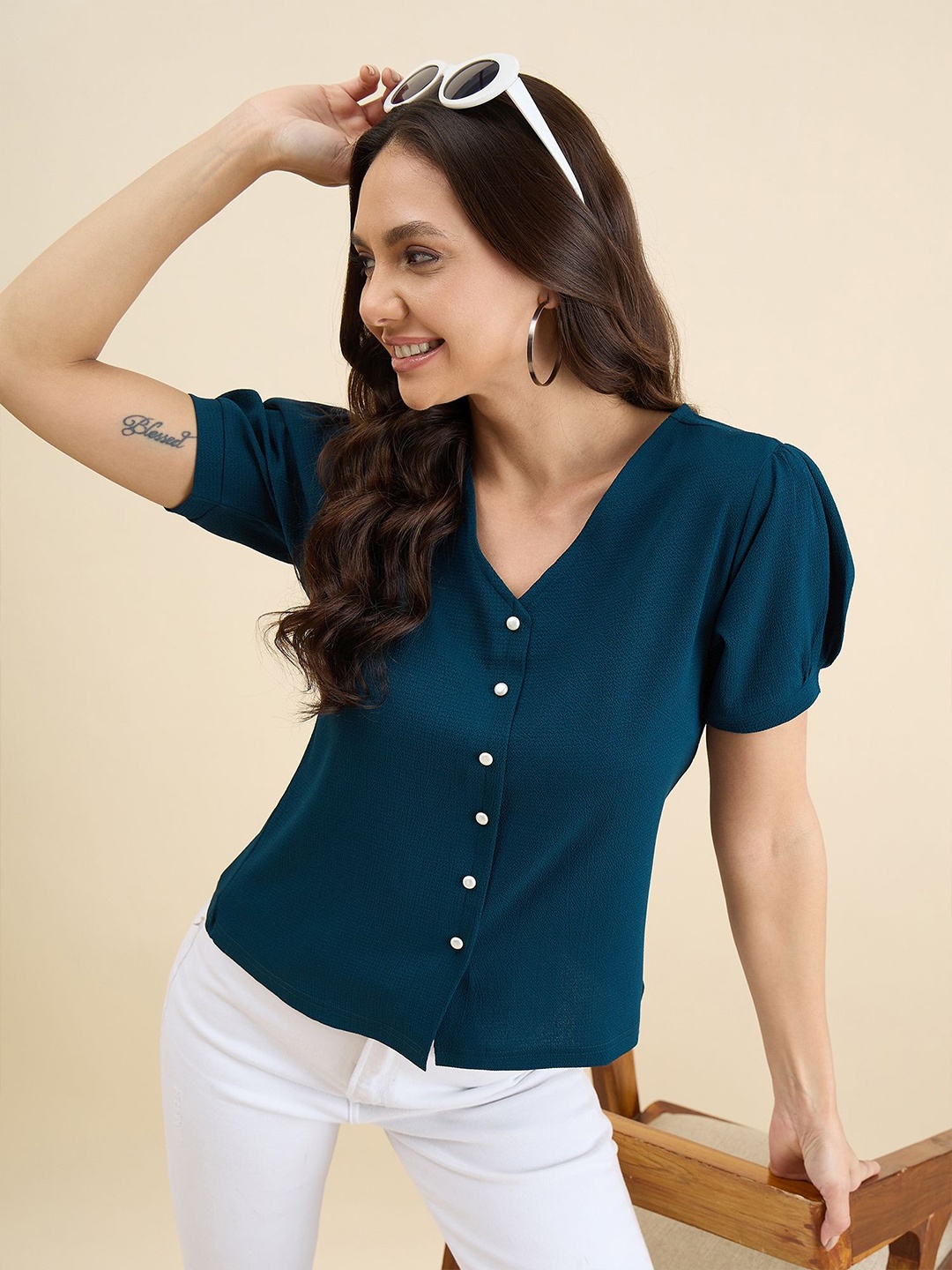

Mast & Harbour Puff Sleeve Top, Teal
