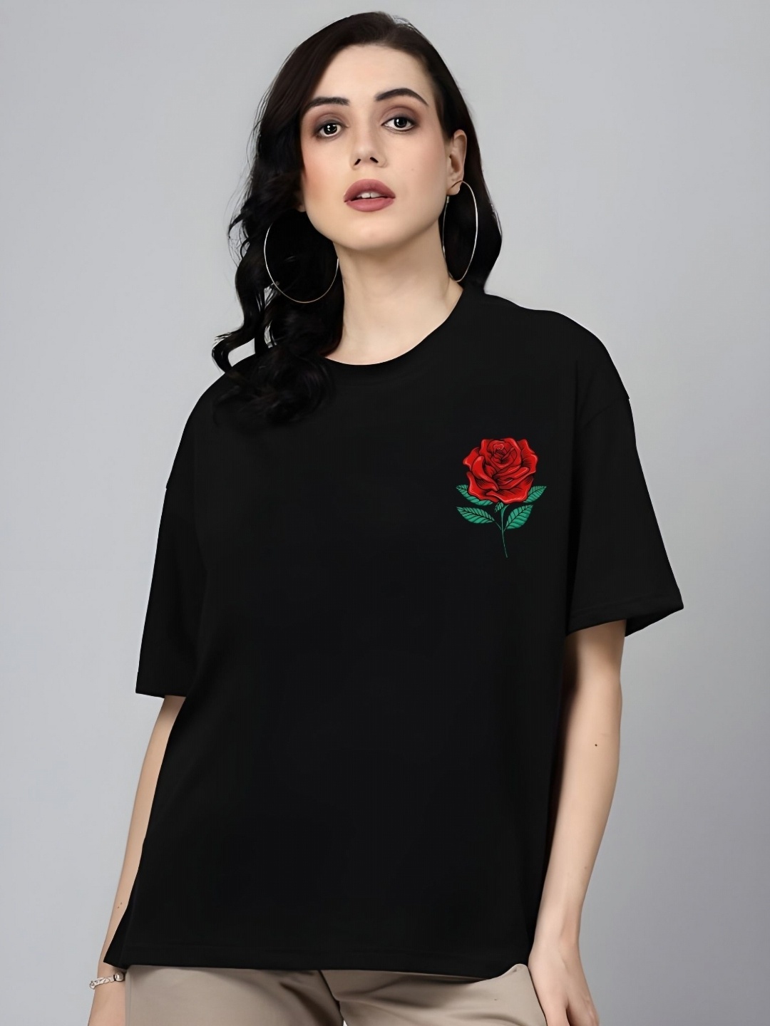 

SZN Women Floral Printed Round Neck Cotton Oversized T-shirt, Black