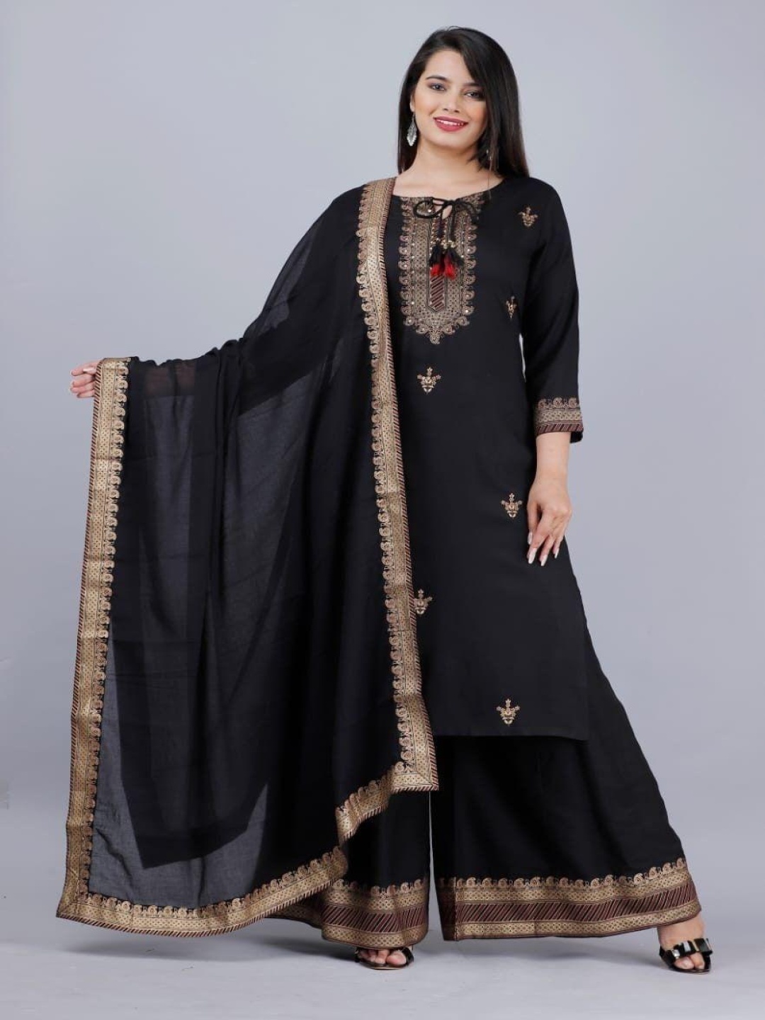 

Rujave Ethnic Motifs Woven Design Key Hole Kurta With Sharara & Dupatta, Black