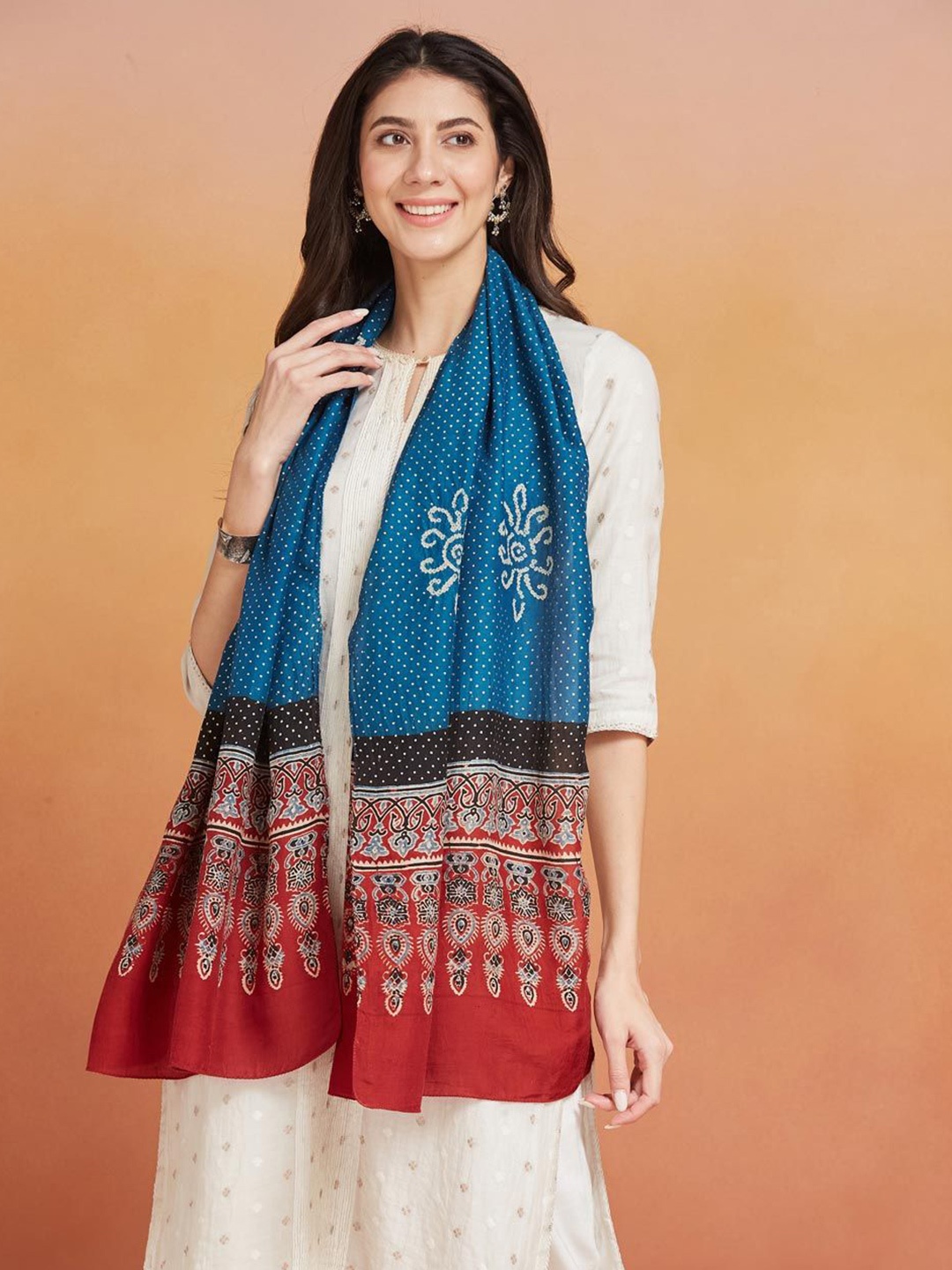 

Fabindia Women Ethnic Motifs Printed Stole, Blue