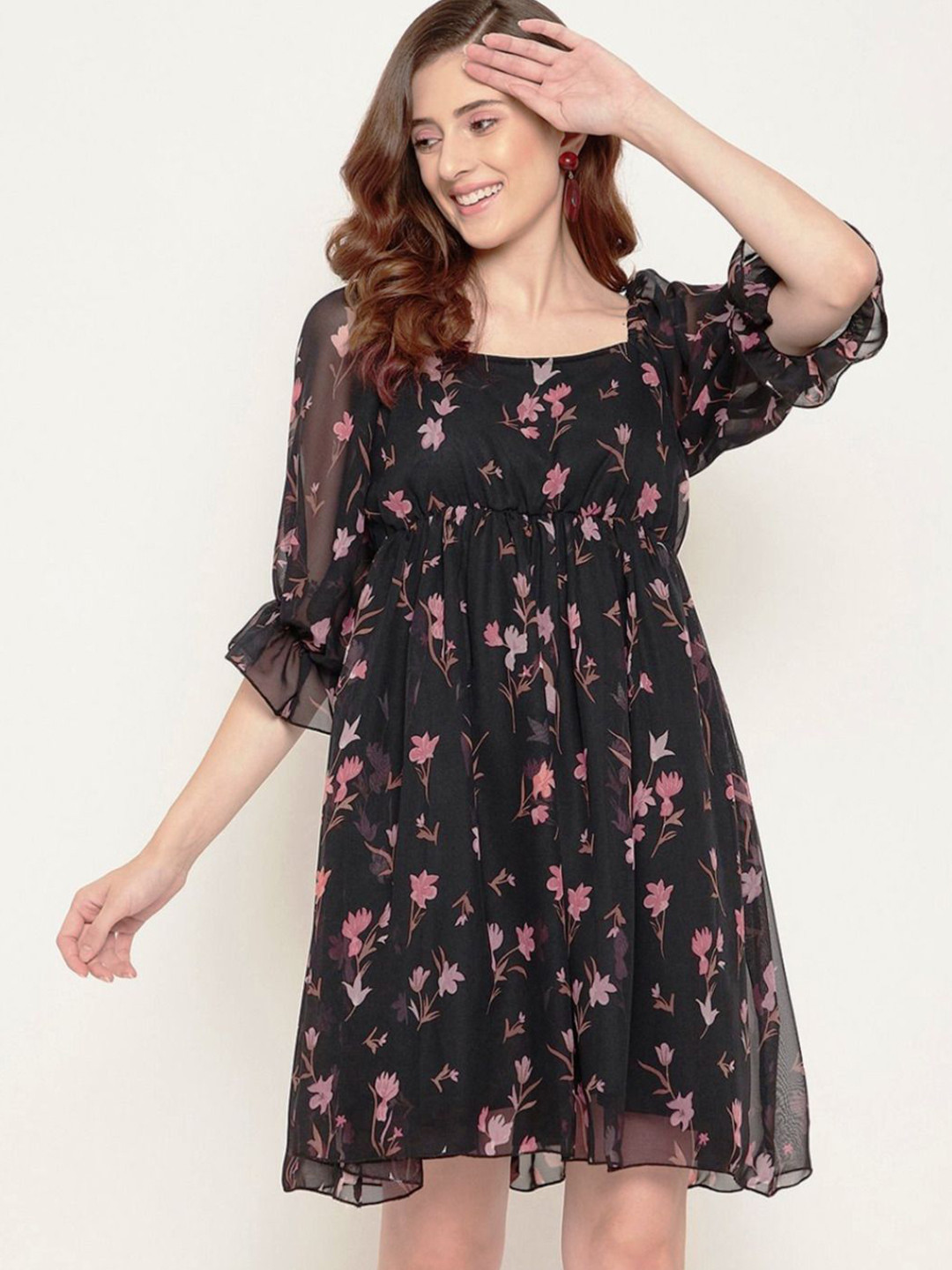 

Louis Bayrad Floral Print Puff Sleeve Georgette Fit & Flare Dress, Black