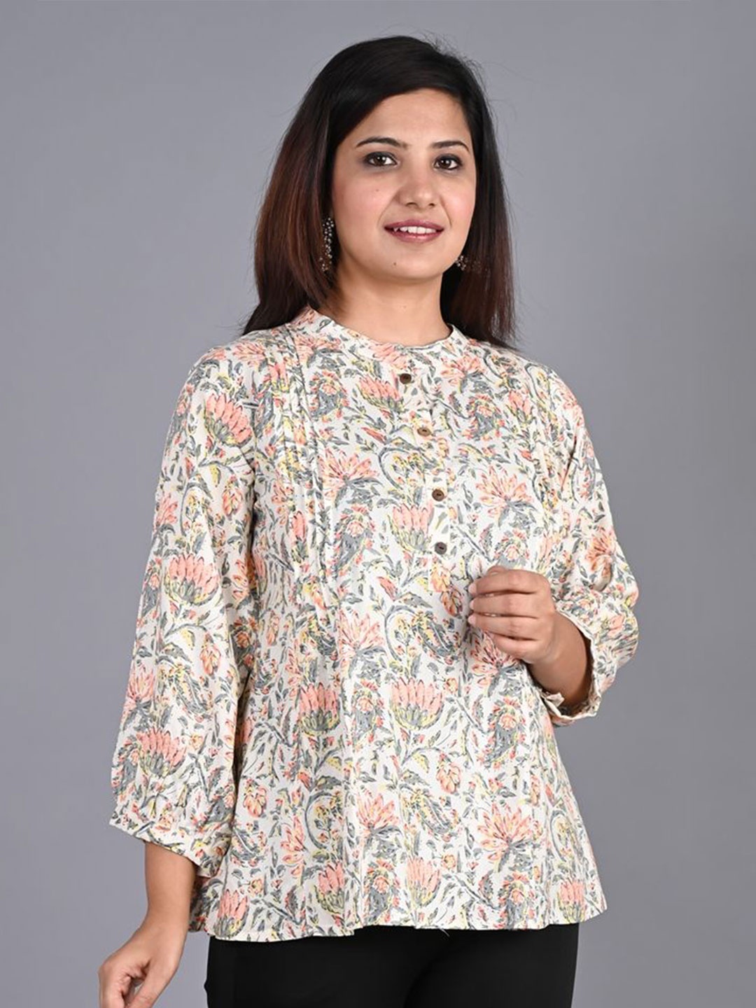 

MIRJAI Women Floral Printed Puff Sleeve Longline Top, Off white