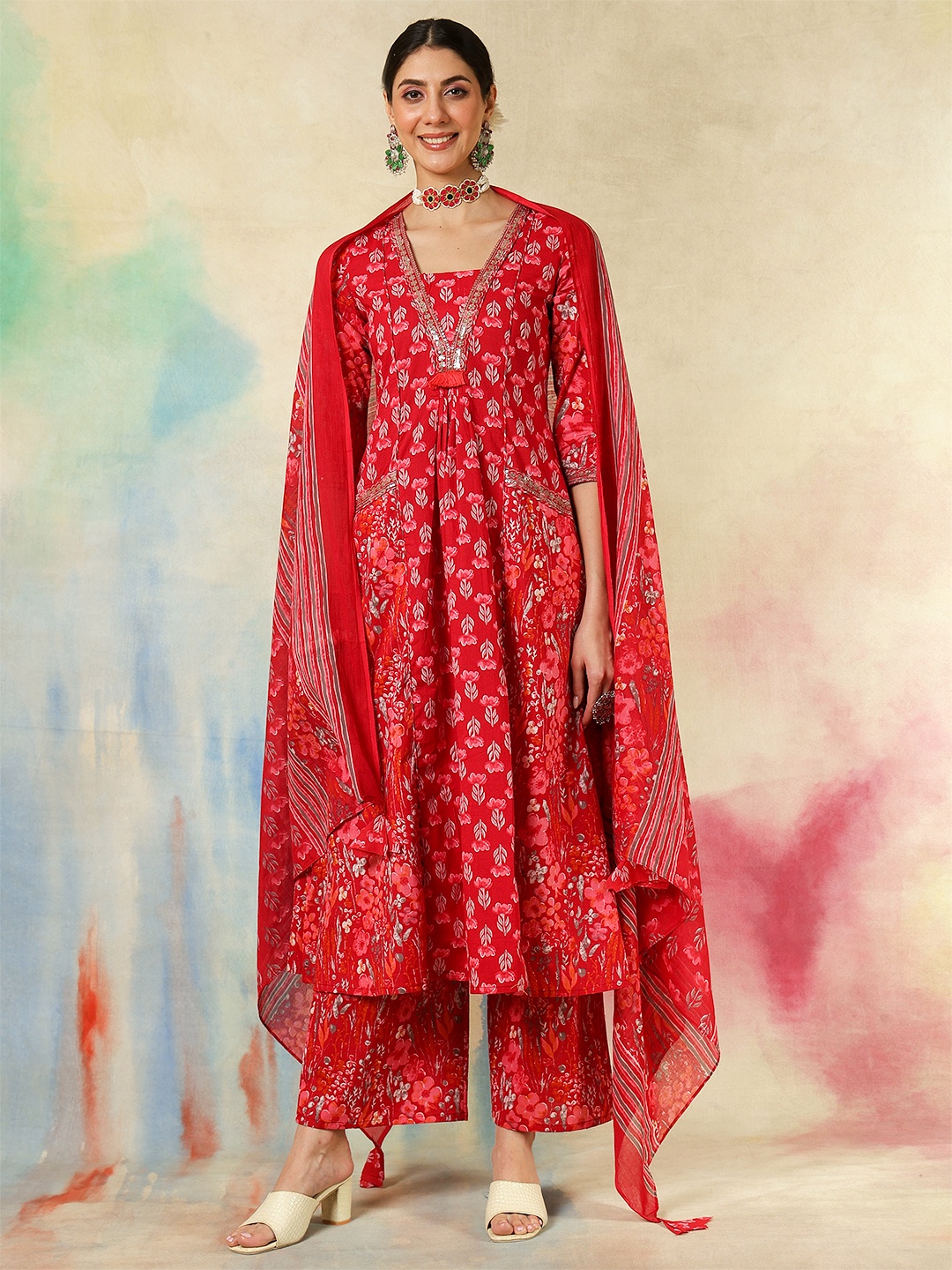 

KIMAYRA Floral Printed Pure Cotton A-Line Kurta With Palazzos And Dupatta, Red