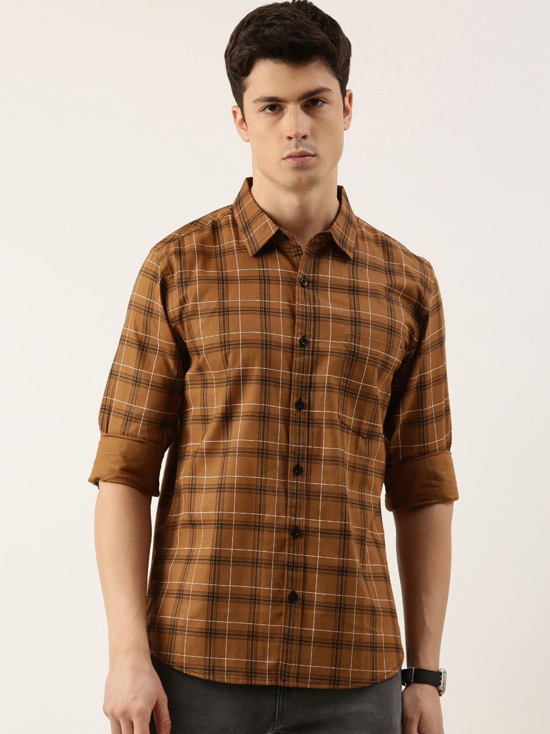 

Metronaut Men Tartan Checks Opaque Checked Casual Shirt, Mustard