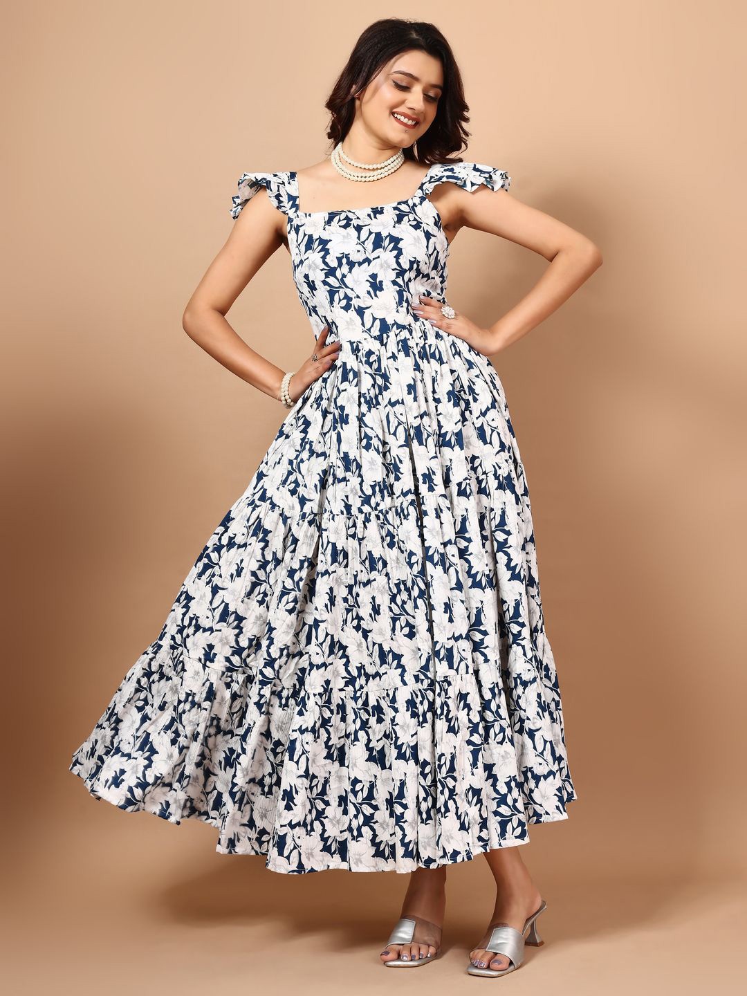 

CORSICA Floral Print Ruffled A-Line Midi Dress, Turquoise blue