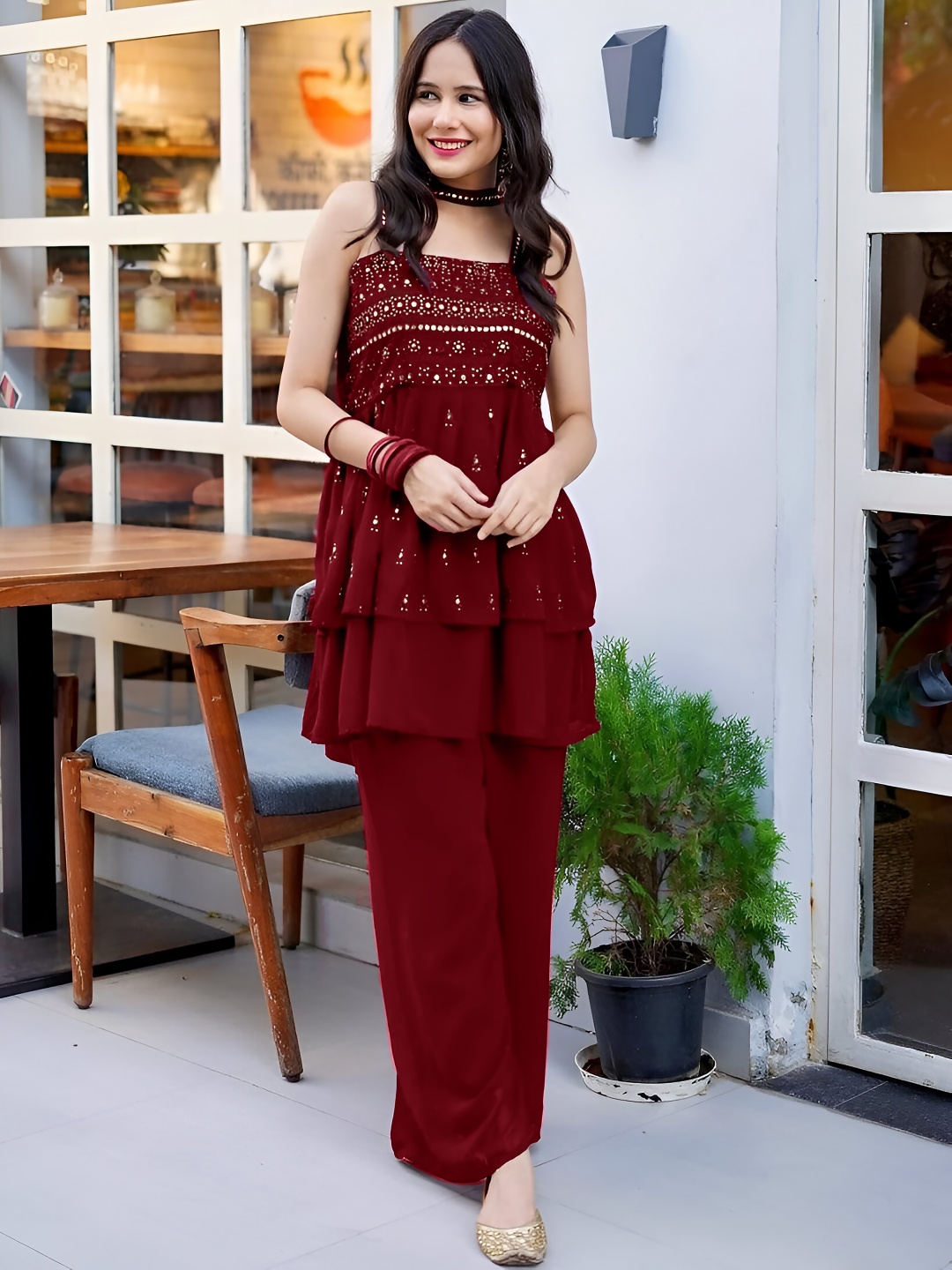 

SANCIA Women Ethnic Motifs Embroidered Layered Sequinned Kurta with Palazzos & With Dupatta, Maroon