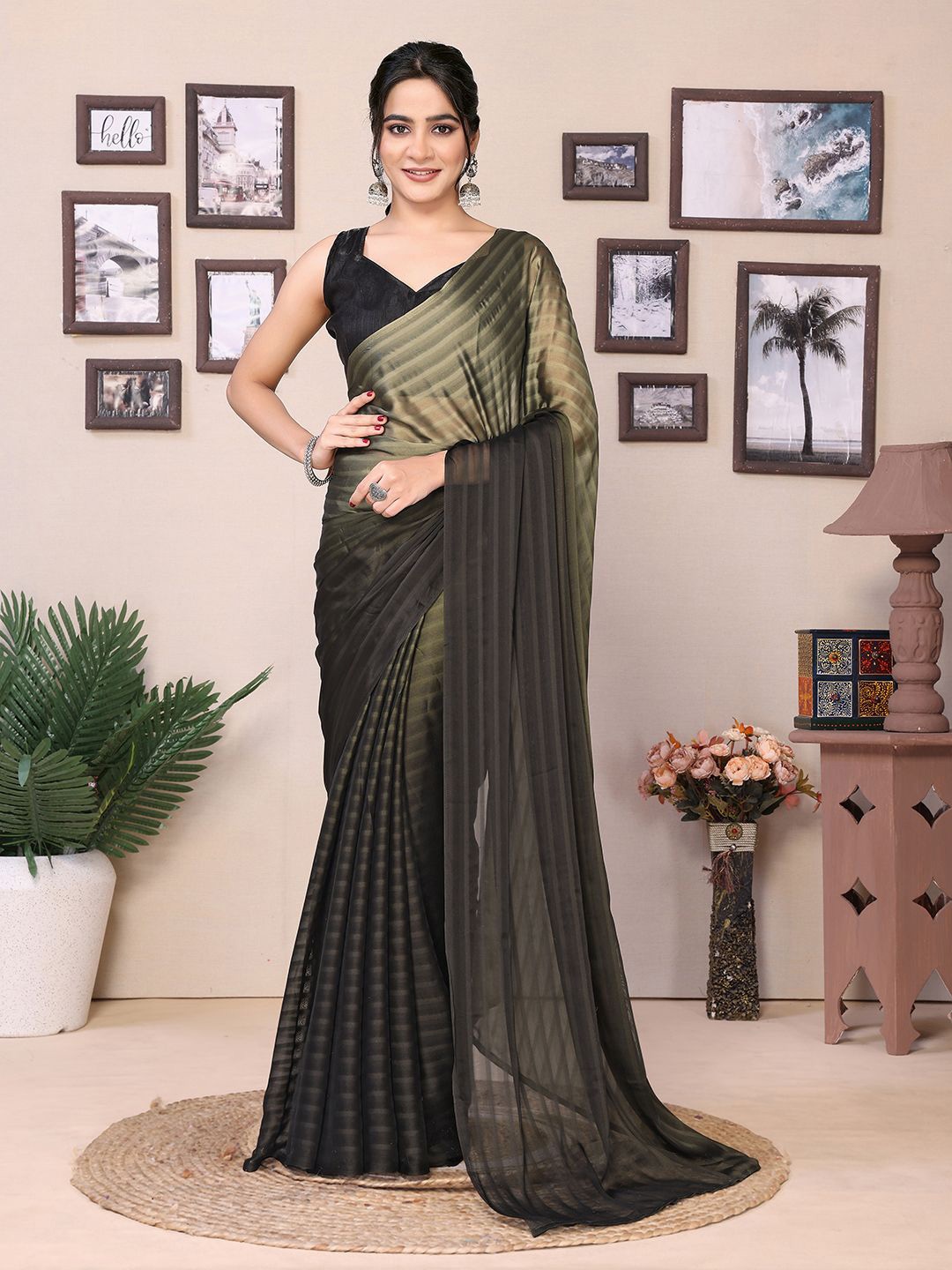 

DIVASTRI Ombre Poly Georgette Ready to Wear Saree, Green