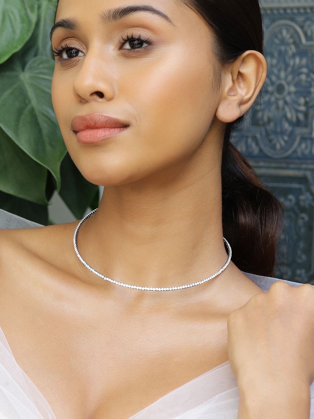 

Rubans Rhodium Plated Cubic Zirconia Studded Premium Statement Choker, Silver