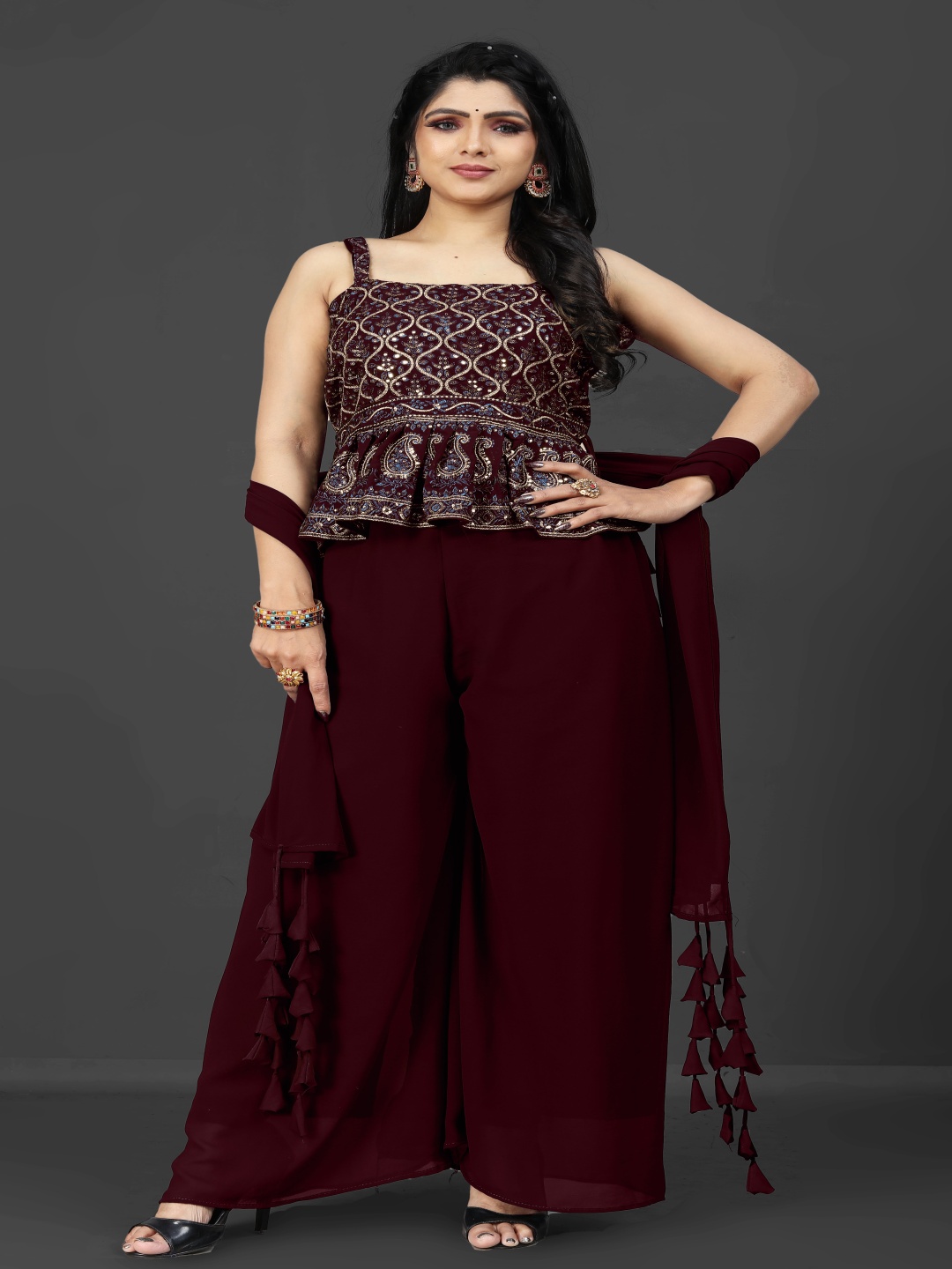 

SANCIA Embroidered Sequins Top With Palazzos And Dupatta, Maroon