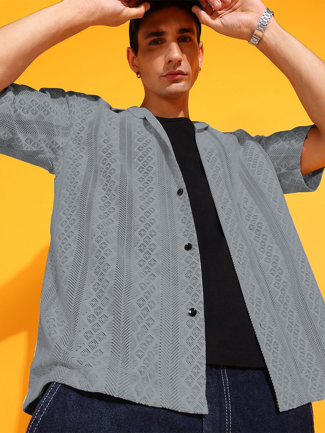 

INDICLUB Men Relaxed Fit Cuban Collar Textured Casual Shirt, Grey