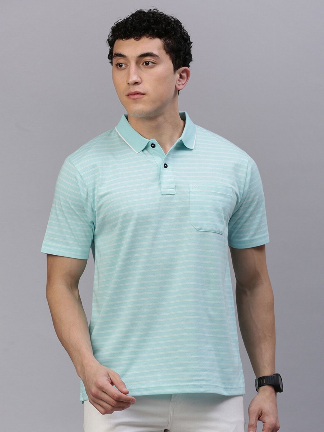 

Classic Polo Men Striped Polo Collar Cotton T-shirt, Sea green