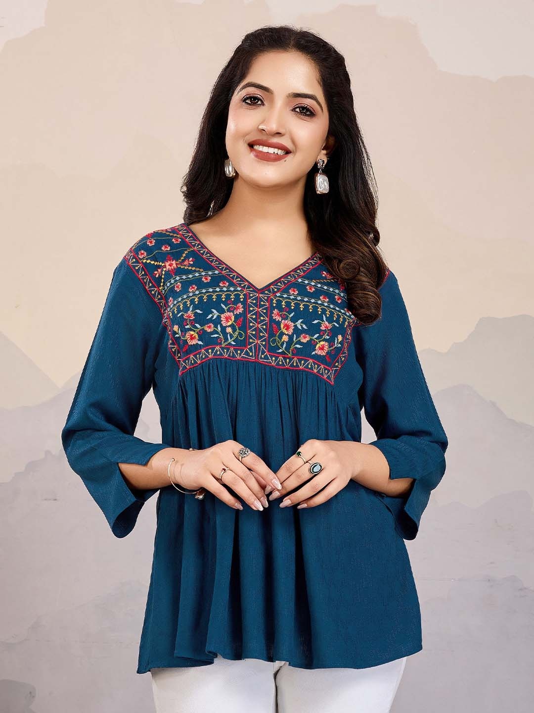 

MOJILAA Floral Embroidered Slit Sleeve Top, Teal