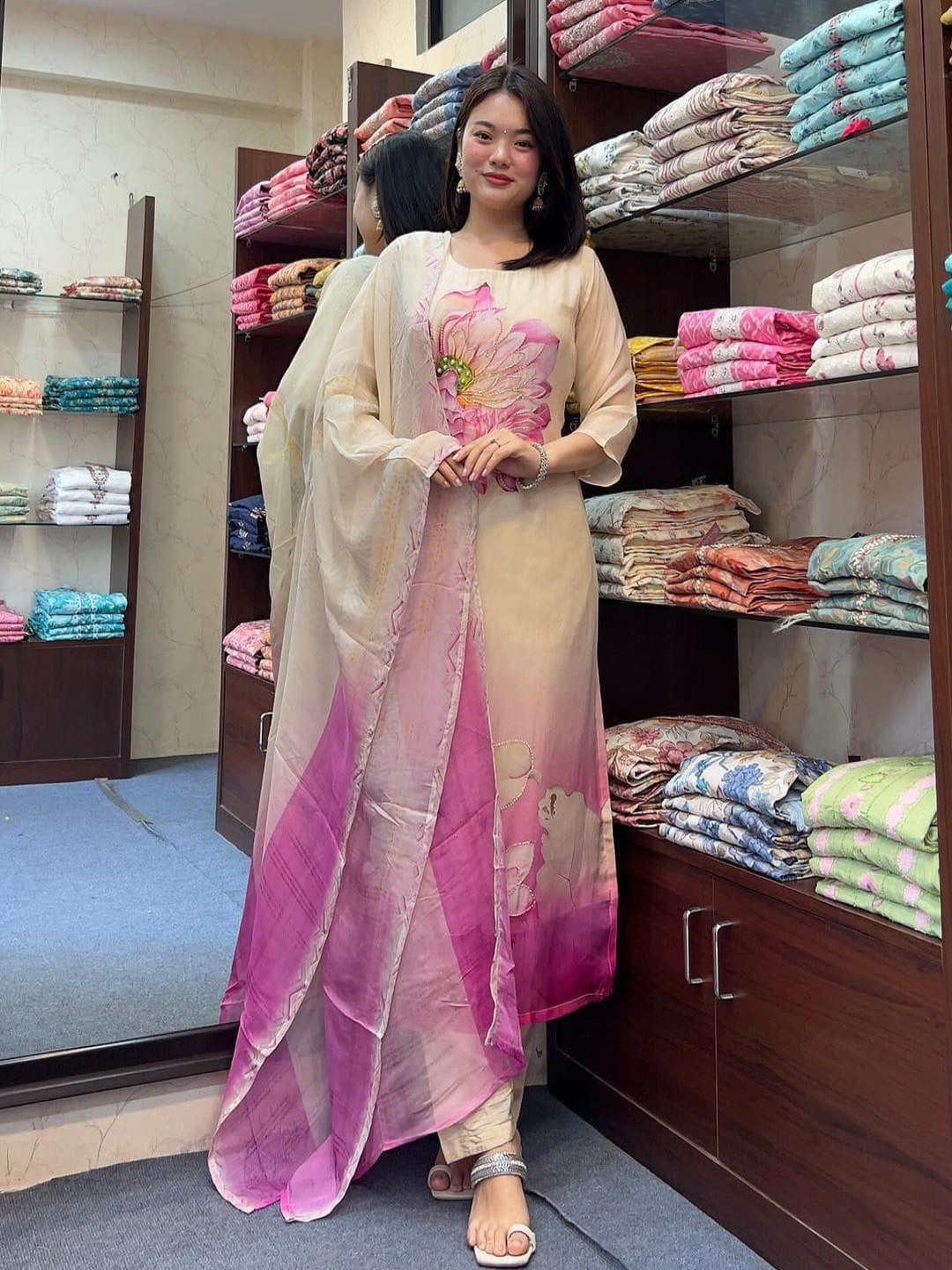 

Fashion Ritmo Floral Embroidered Round Neck Straight Kurta With Trouser & Dupatta, White
