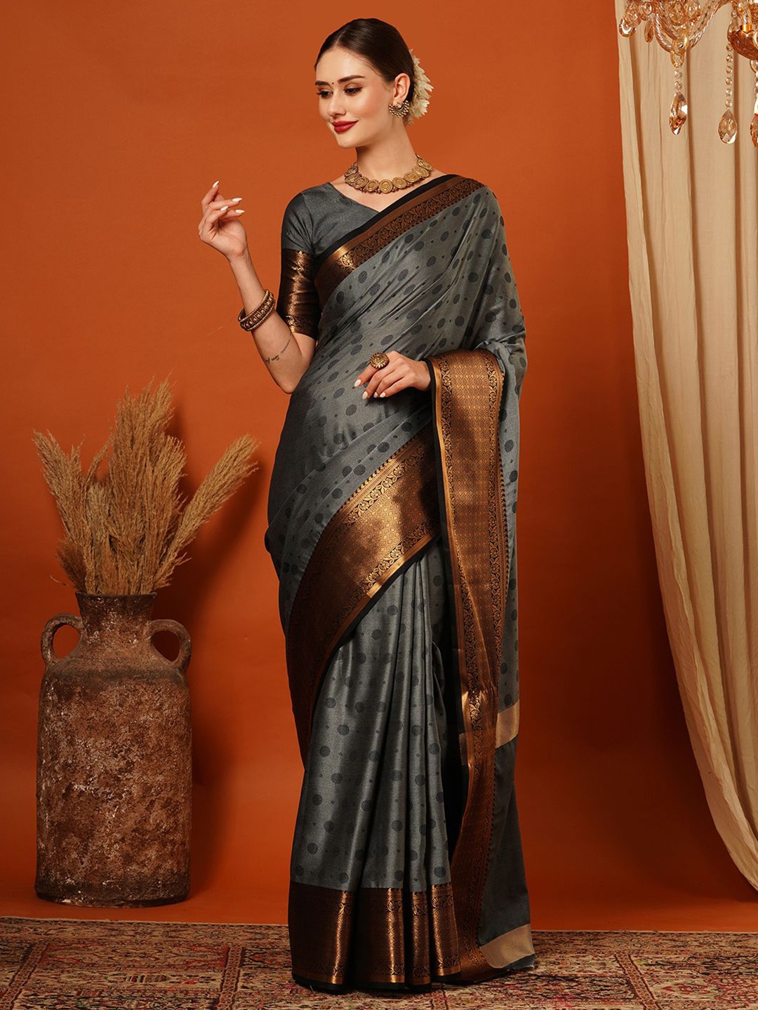 

DIVASTRI Women Woven Design Zari Pure Silk Mysore Silk Saree, Grey