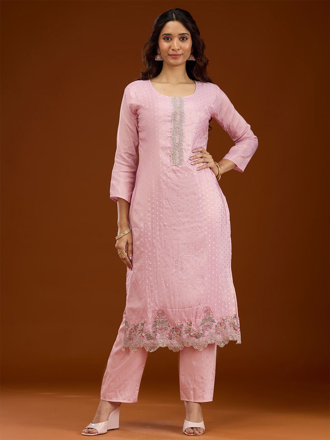 

Koskii Women Floral Embroidered Regular Sequinned Kurta with Trouser & Dupatta, Pink
