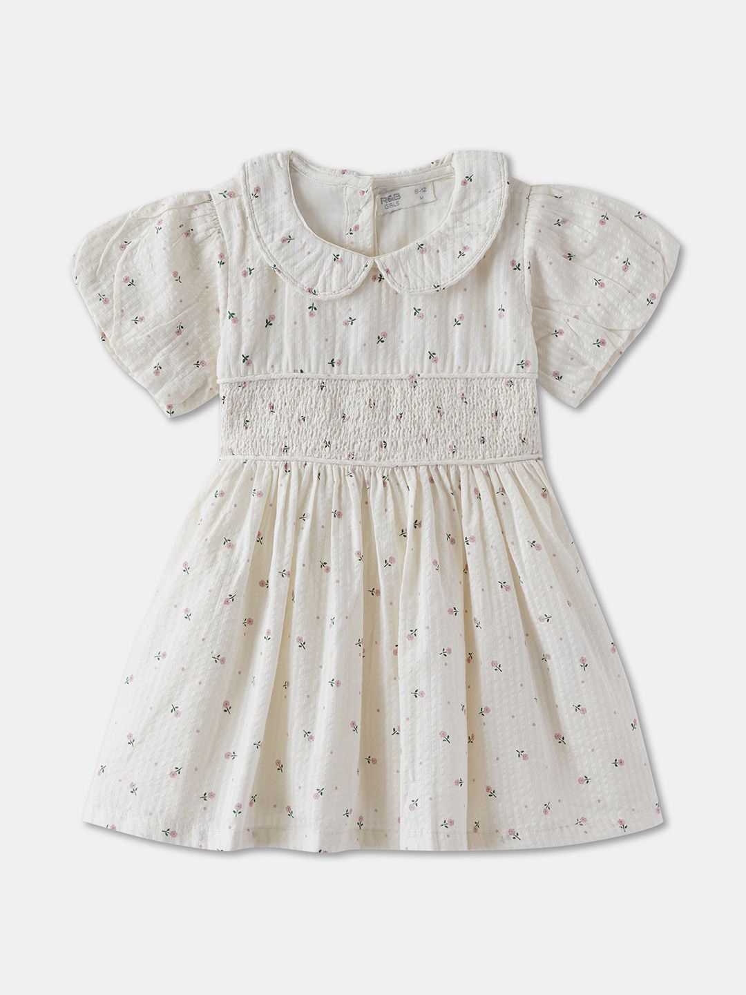 

R&B Girls Floral Printed Cotton Fit and Flare Dress, Beige