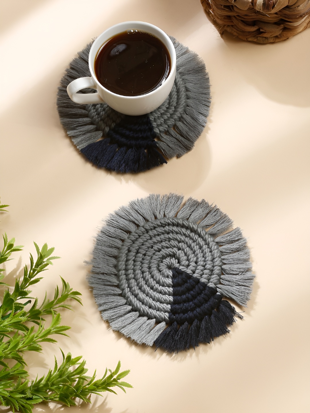 

My Creative Hut 2Pcs Grey & Navy Blue Textured Cotton Round Coasters