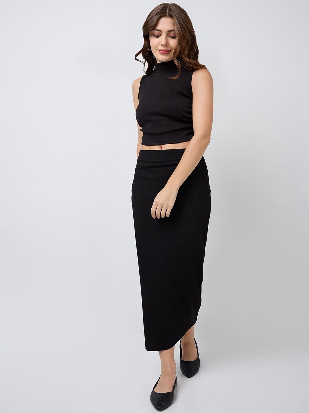 

SZN Solid Sleeveless High Neck Top With Skirt, Black