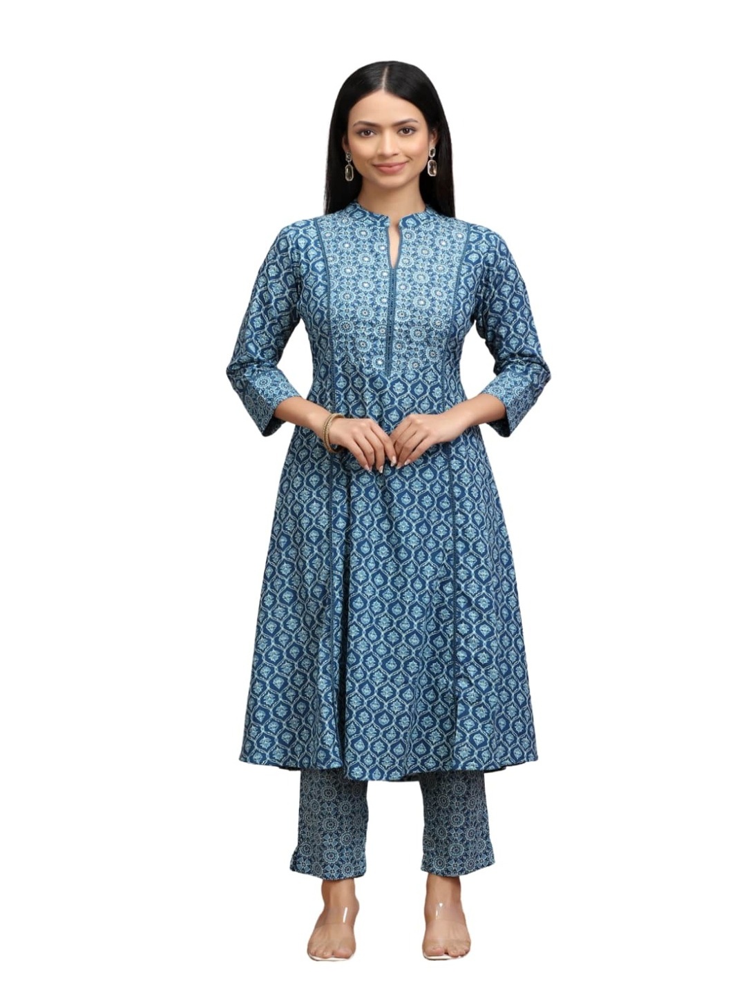 

COTTON CULTURE Floral Printed Mandarin Collar Pure Cotton Anarkali Kurta With Trousers, Blue