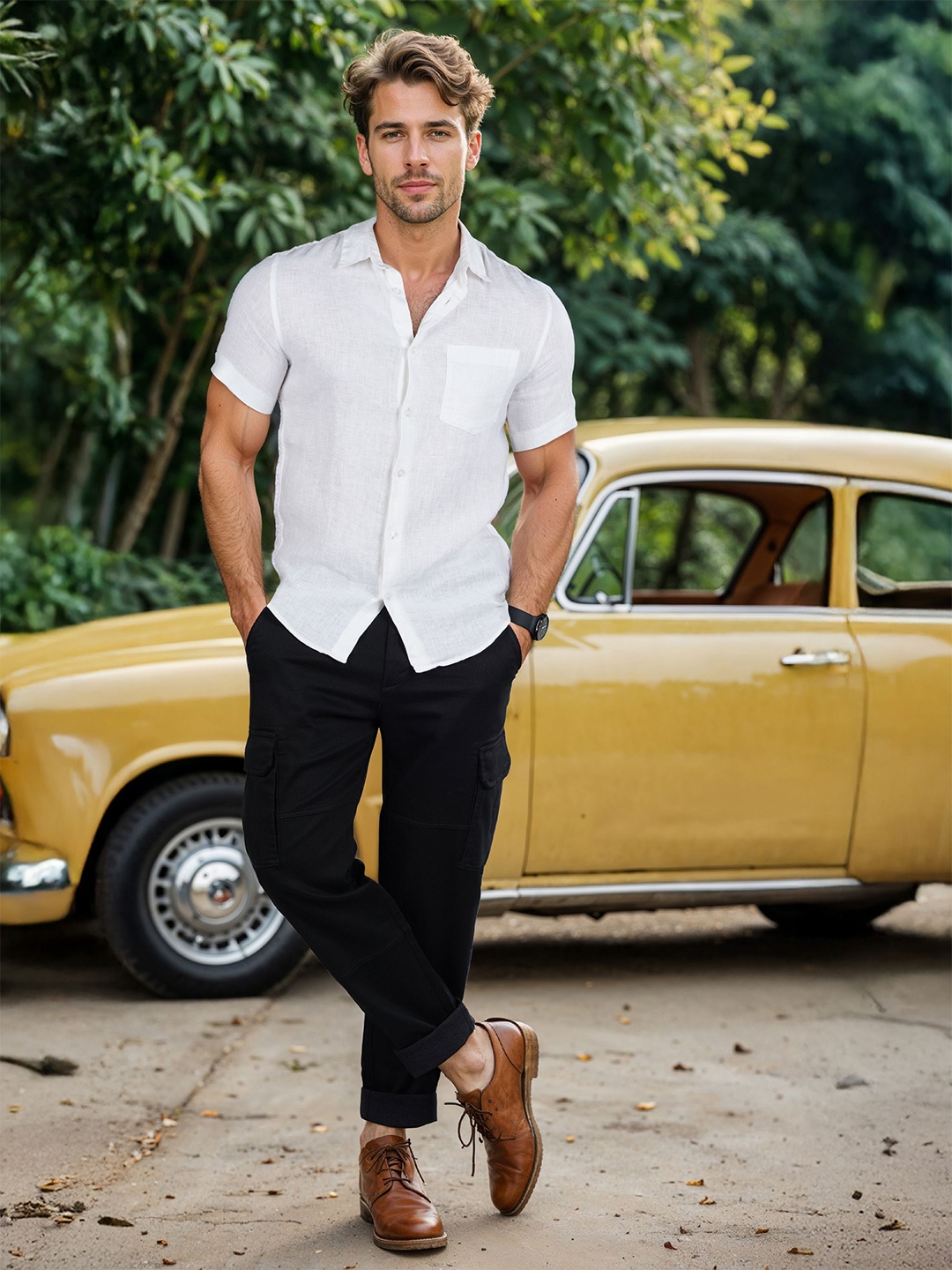 

Celio Men Classic Regular Fit Spread Collar Solid Linen Casual Shirt, White