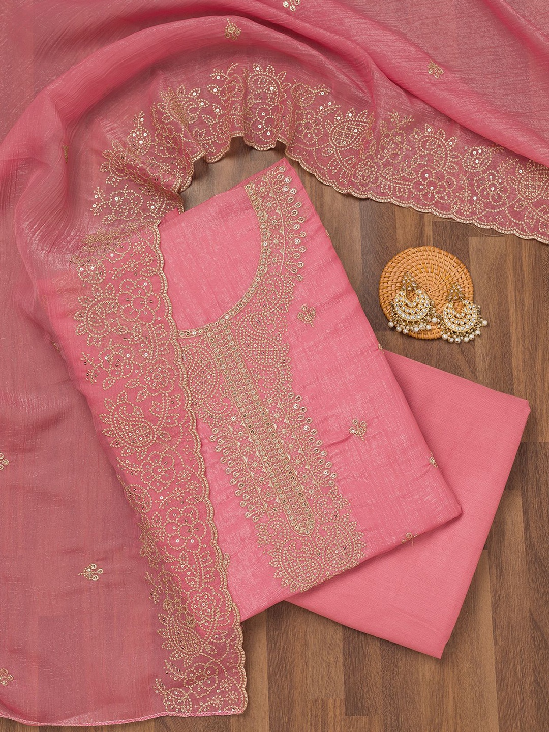 

Koskii Zariwork Georgette Unstitched Salwar Suit, Pink