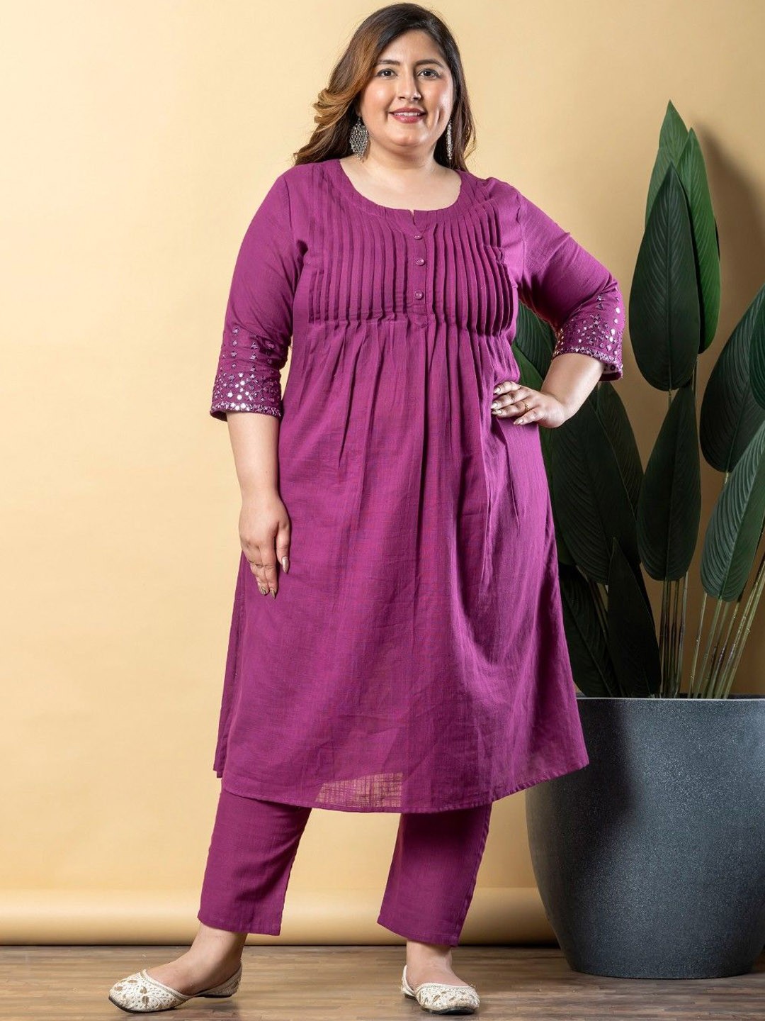 

Readiprint Women Pleated Pure Cotton Kurta with Palazzos, Purple