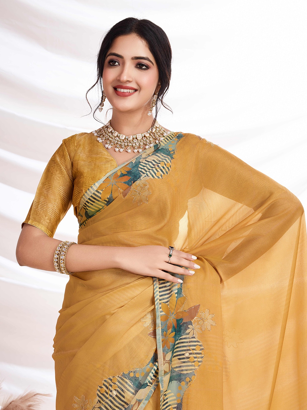 

all about you Aari Work Pure Chiffon Saree, Gold