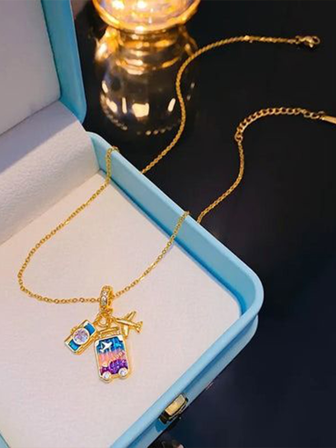 

VIEN Gold-Plated Artificial Stone Studded Stainless Steel Luggage Statement Necklace