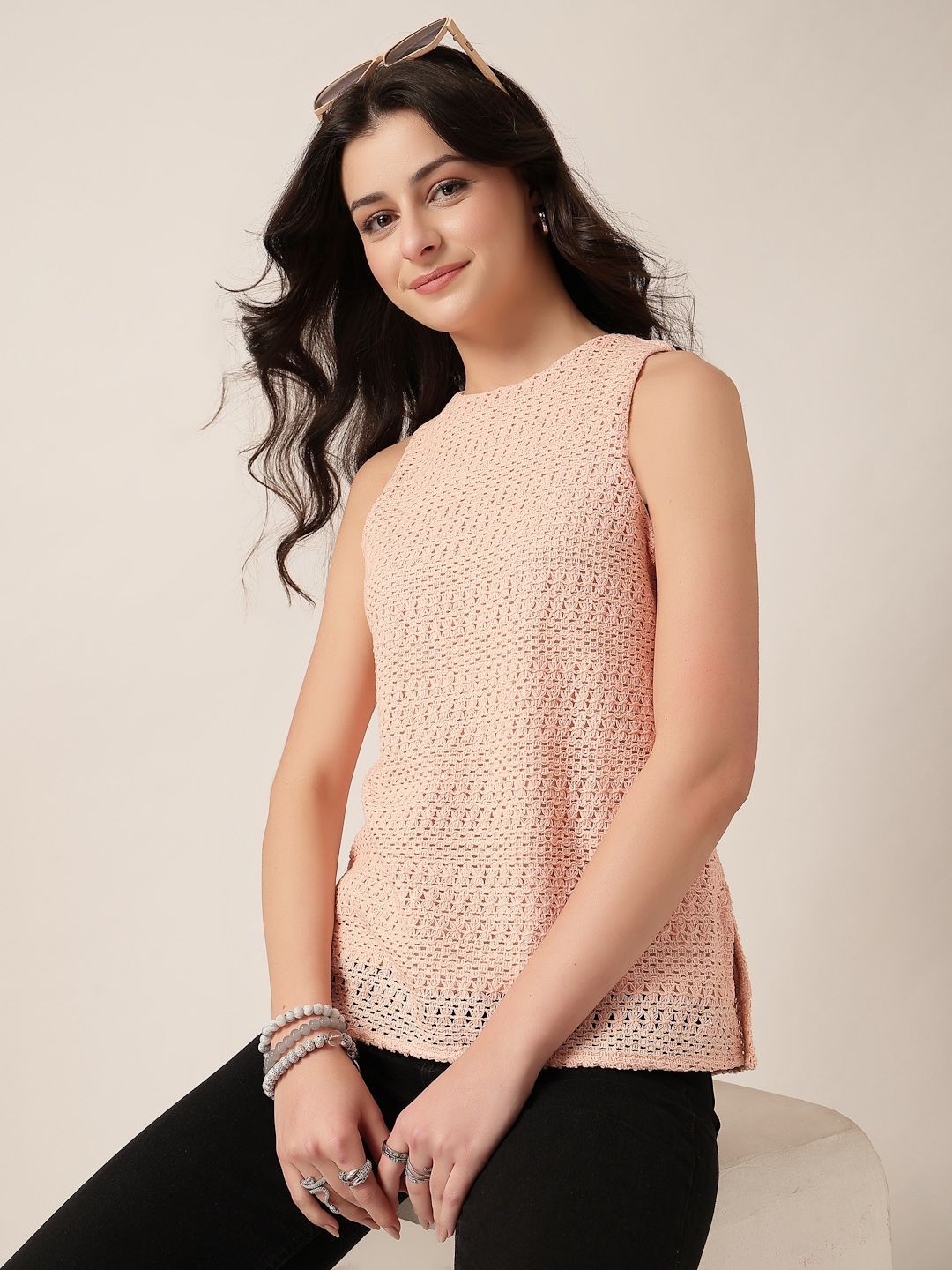 

Style Quotient Self Design Round Neck Cotton Lace Top, Peach