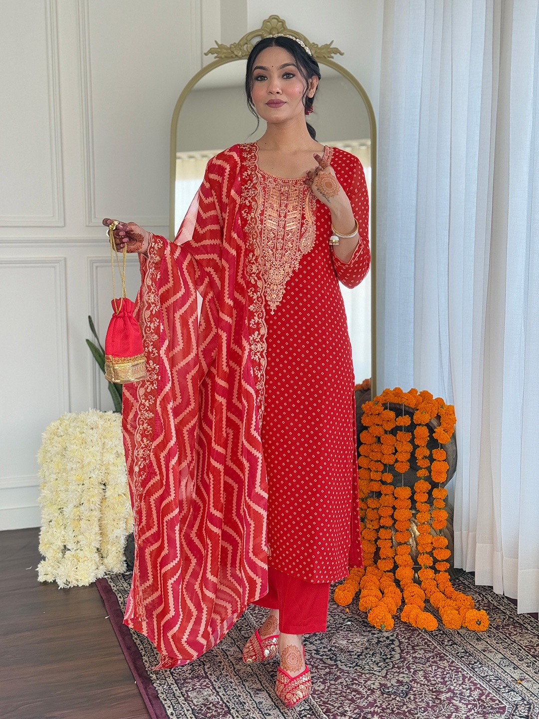 

KALINI Floral Embroidered Straight Thread Work Kurta With Trousers And Dupatta, Red