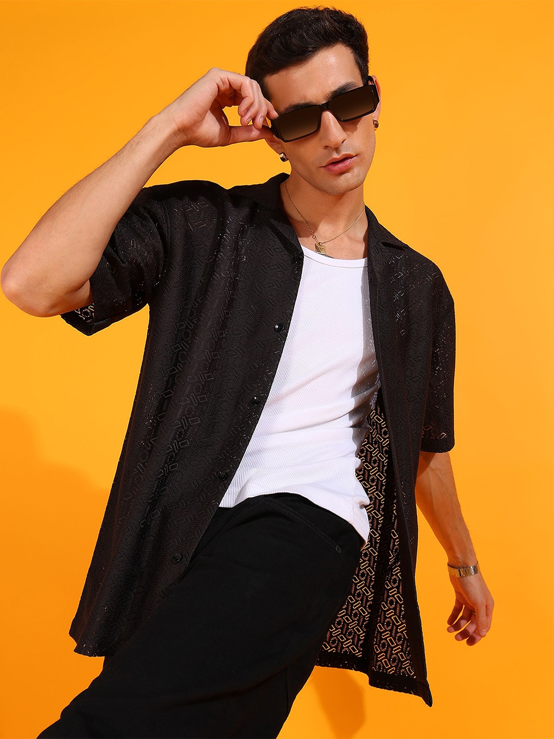 

INDICLUB Men Relaxed Fit Cuban Collar Textured Casual Shirt, Black