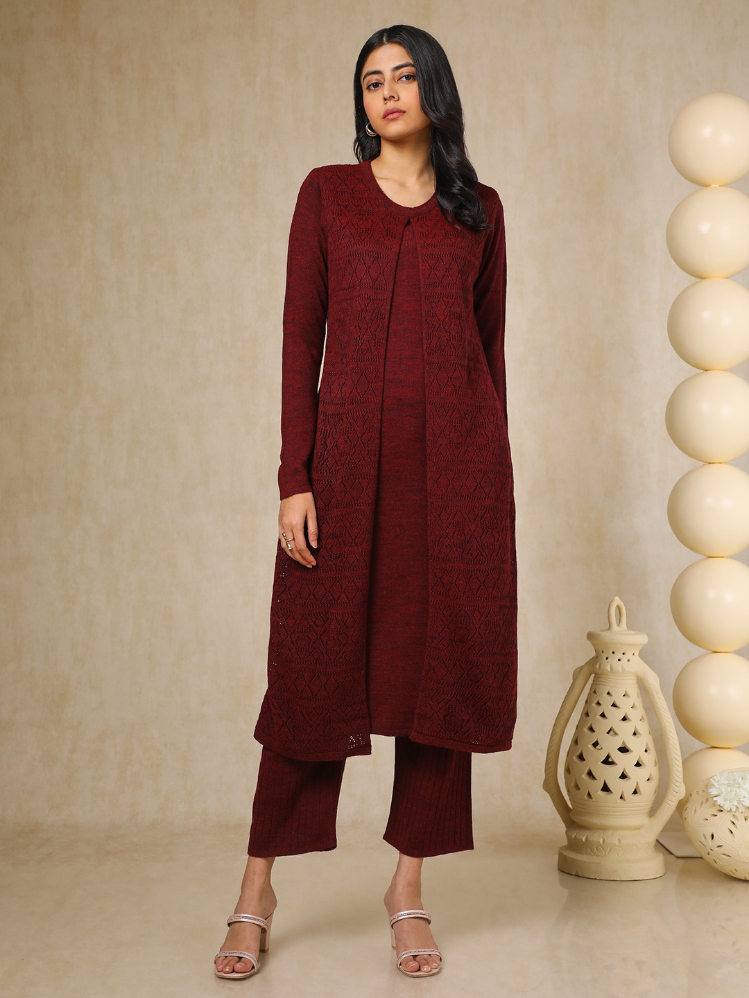 

Soch Maroon Geometric Woven Design Layered Acrylic Straight Kurta With Trouser
