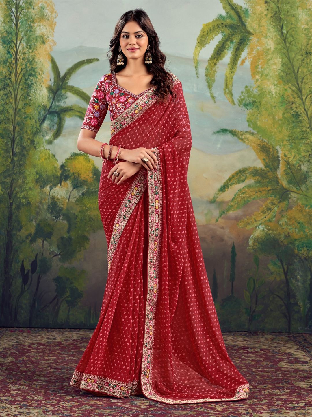 

CHUDIYA Bandhani Embroidered Pure Chiffon Saree, Pink