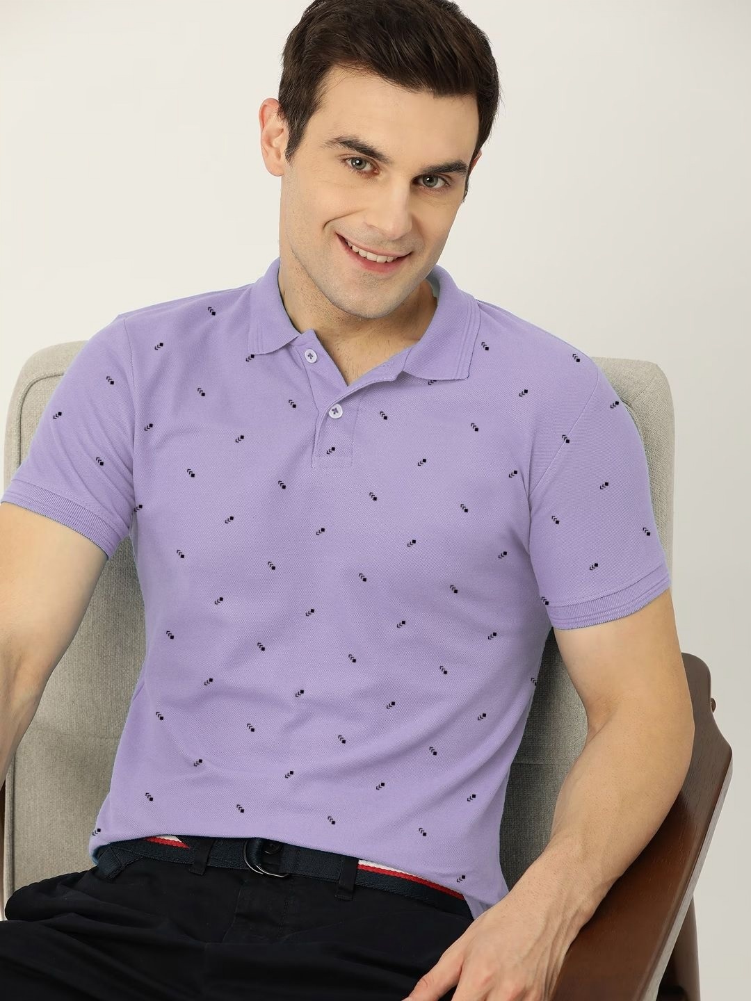 

MERRIMENT Men Geometric Printed Polo Collar Cotton T-shirt, Purple