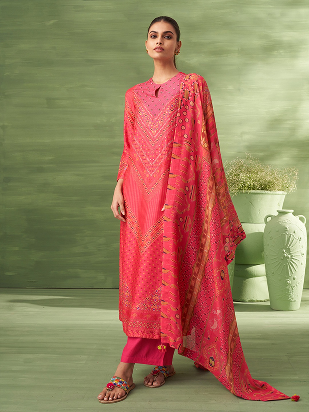 

SAUNDH Ethnic Motifs Printed Unstitched Dress Material, Pink