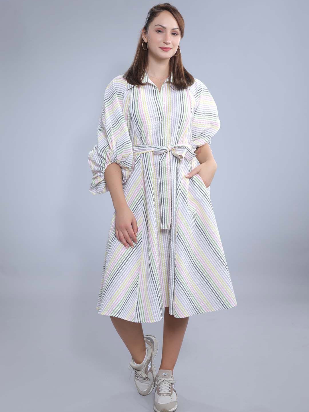 

French Theory Striped Seersucker Puff Sleeve Pure Cotton A-Line Dress, White