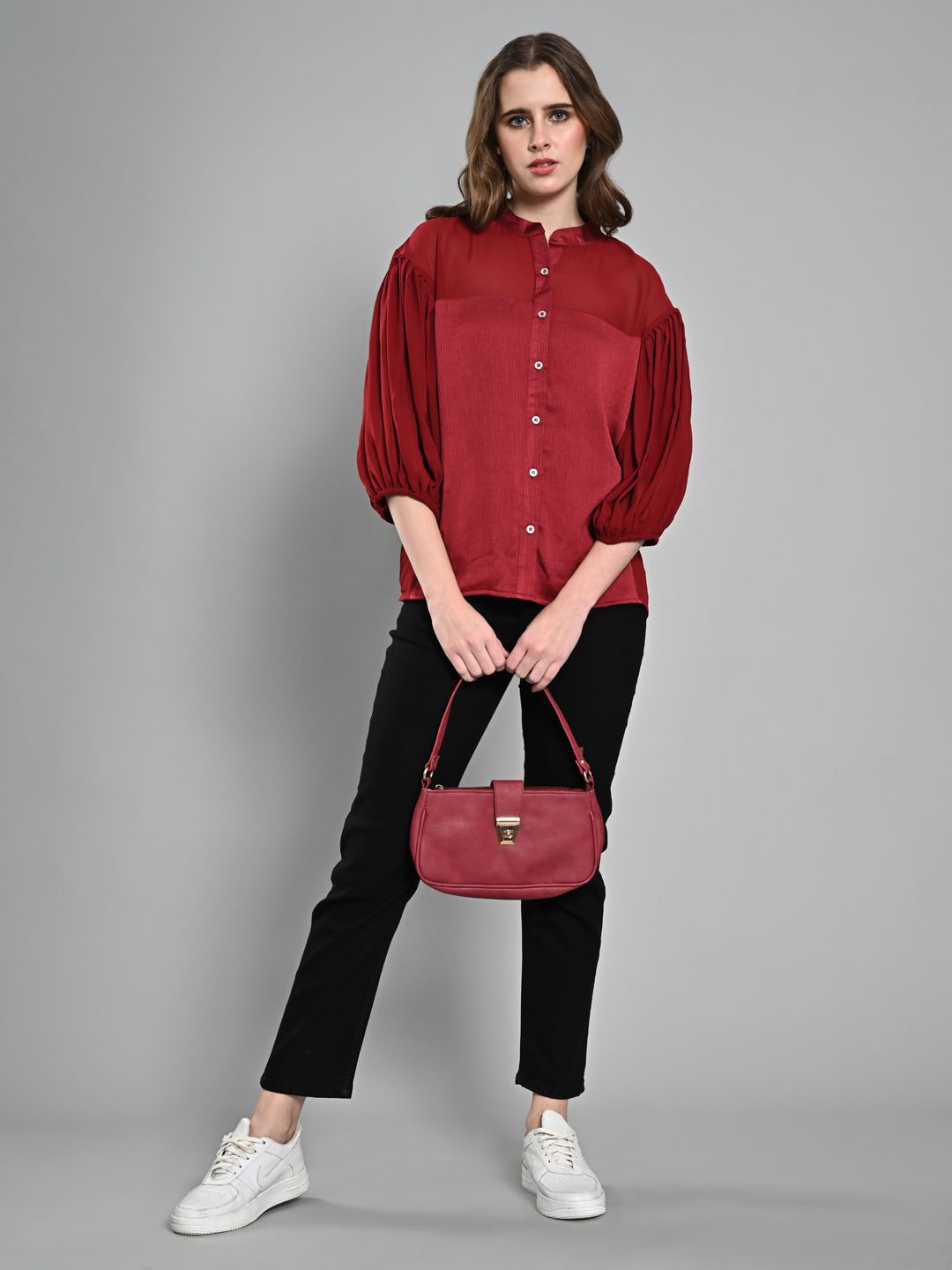 

Iti Women Mandarin Collar Solid Satin Casual Shirt, Red