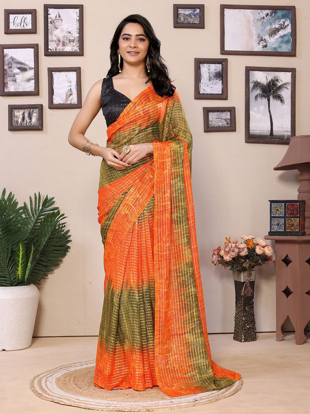 

DIVASTRI Striped Ready to Wear Saree, Orange