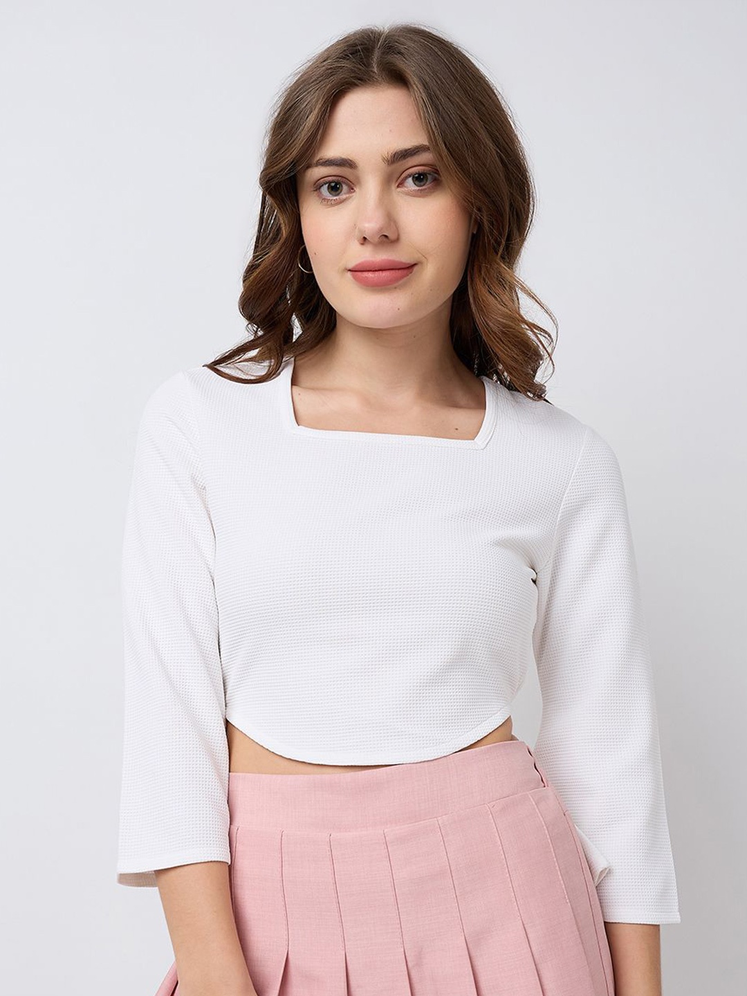 

SZN Women Cotton Square Neck Long Sleeves Crop Top, White